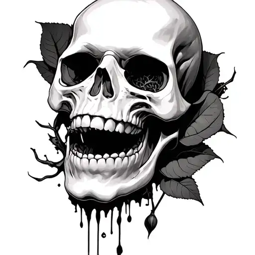 vampire skull teeth sinking into rose  tattoo design idea
