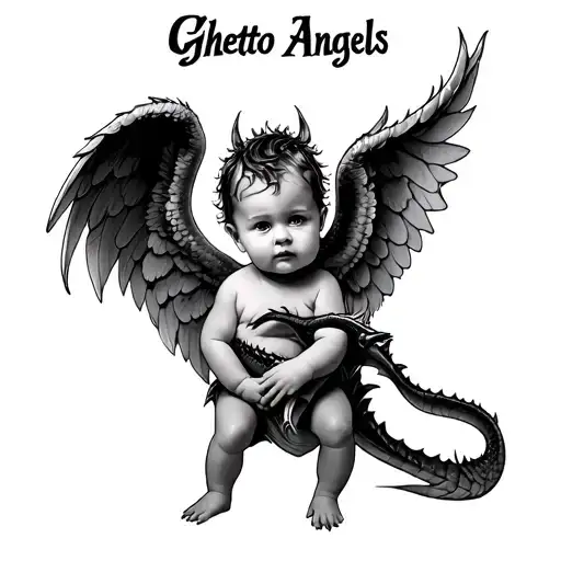 Baby angel holding a draco with the words ghetto angels tattoo design idea