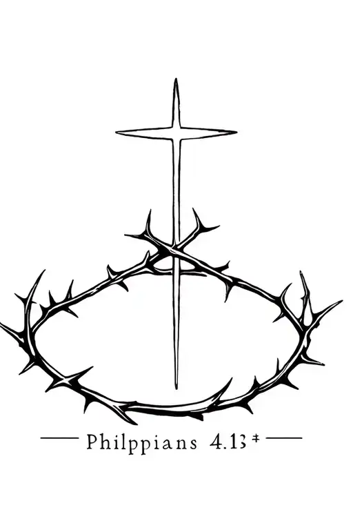 Philippians 4:13 with a prayer cross, and crownthorn wrapped together tattoo design idea