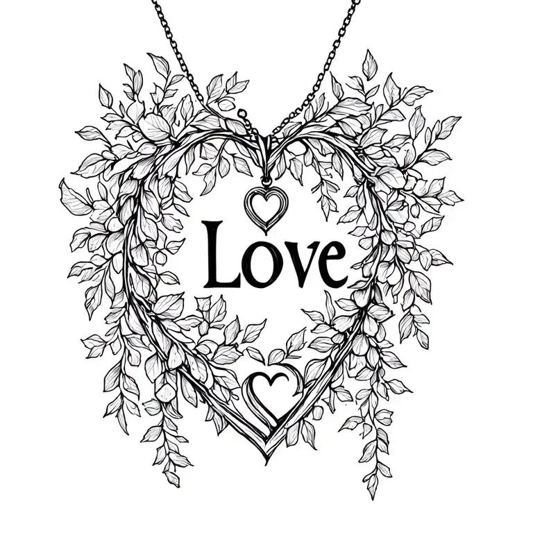"Love" The word "love" with vines and a pendant in the shape of a heart and the letter c combined tattoo design idea