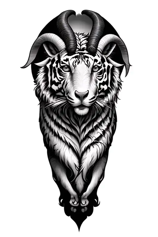 full leg sleeve, capricorn goat, greek mythology, tiger, tree of life tattoo design idea