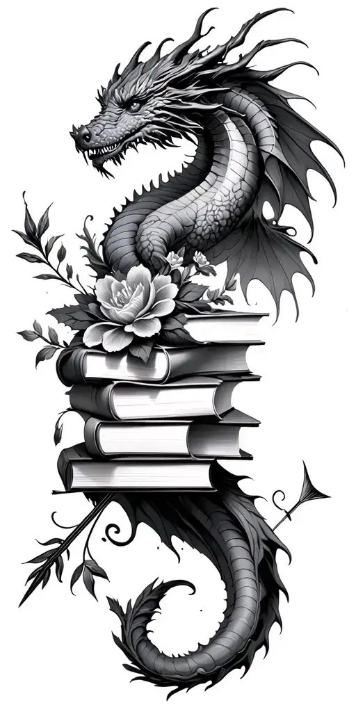 books and fantasy with flying dragons, flowers and arrows tattoo design idea