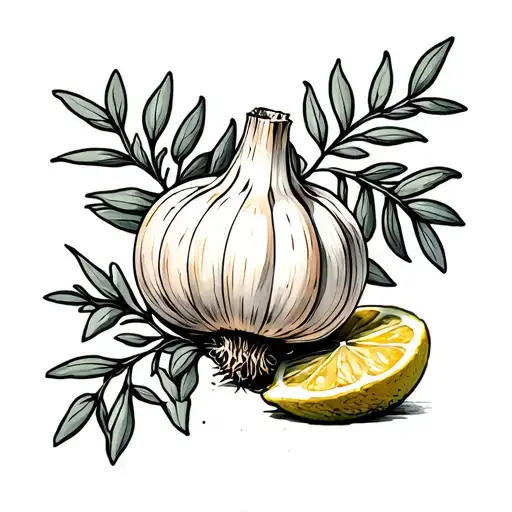 garlic bulb, lemon half, thyme sprigs tattoo design idea