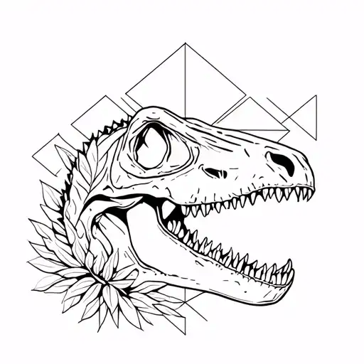 Tyrannosaurus rex dinosaur skull in fine line style with geometric details and natural elements. tattoo design idea