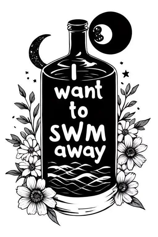 "I want to swim away" wild flowers, small crescent moon, ocean waves, message inside a bottle tattoo design idea