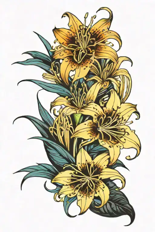 Sleeve with the White spider lily, Golden or yellow spider lily, Blue spider lily, and a Black spiderlily tattoo design idea