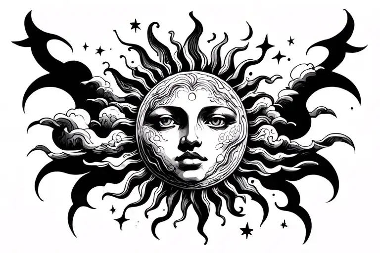 A tattoo of a sun, without face, with clouds and stars in a medium Gothic style in black and white with the clear background tattoo design idea
