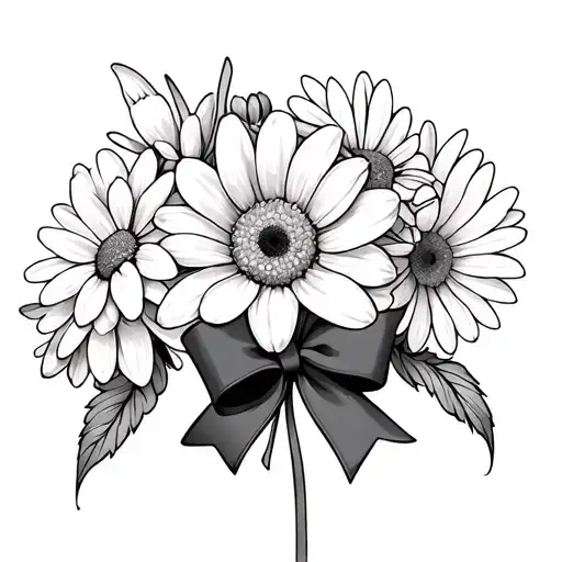 , aster, daisy, snowdrop daffodil, chrysanthemum with a bow holding it together  tattoo design idea