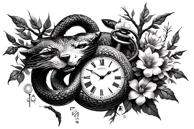 Snake that wraps around a broken pocket watch, a half -wolf face, a tree of life, runes and flowers tattoo design idea