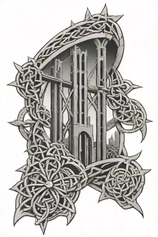 A Celtic knot design incorporating elements of Dublin's skyline and engineering tools tattoo design idea