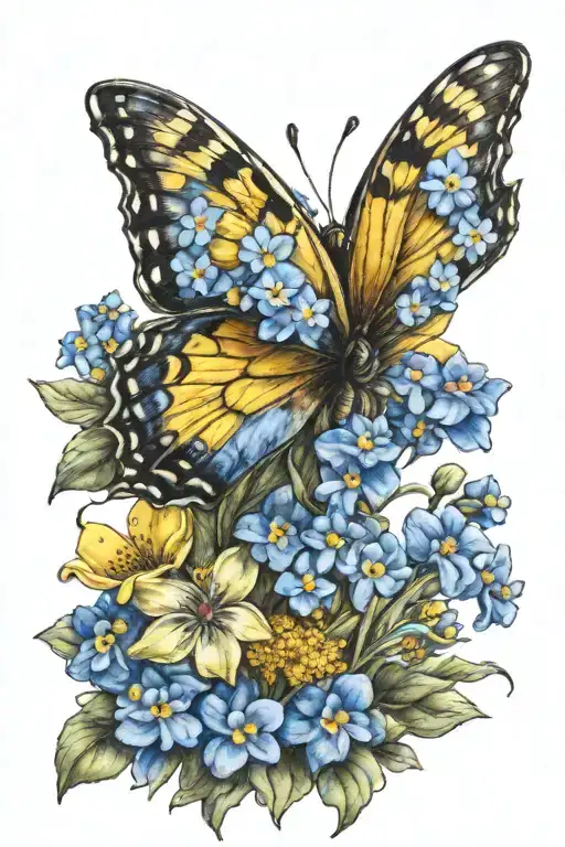  forget me not flowers and a yellow butterfly  tattoo design idea