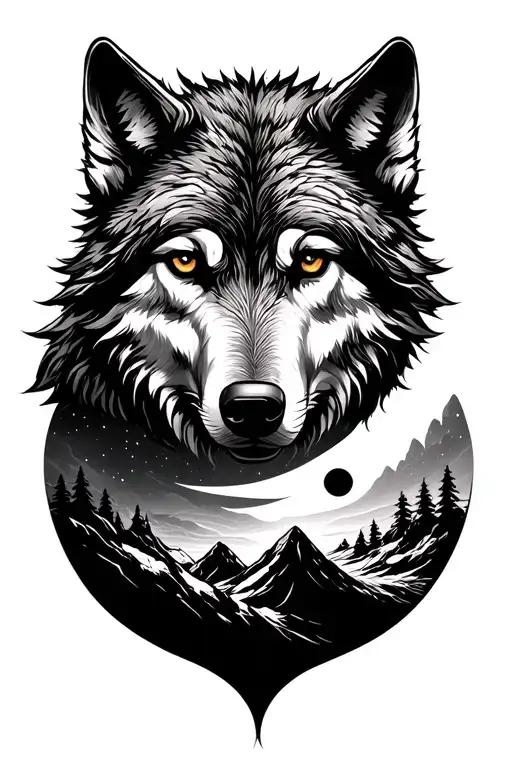 sun and moon wolf mountain tattoo design idea