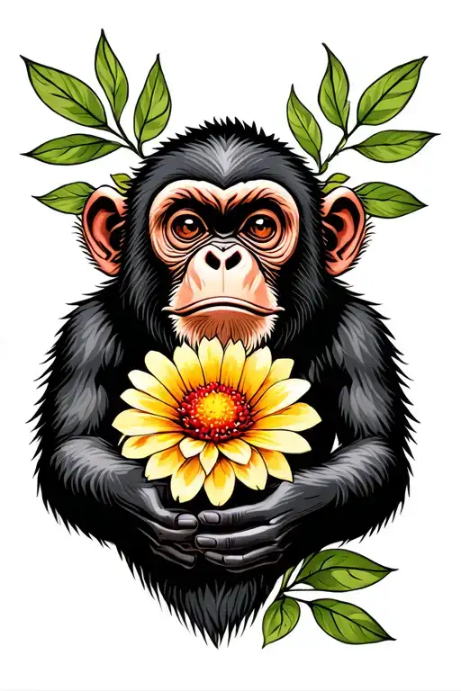 monkey holding flower tattoo design idea