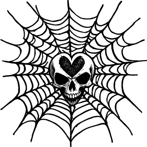 black and white heart shaped spider web with skull tattoo design idea