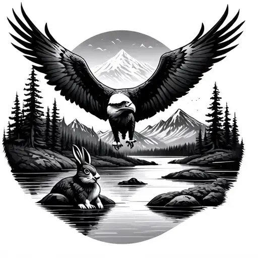 Mountains, eagle, river, bunny  tattoo design idea