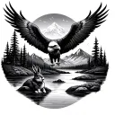 Mountains, eagle, river, bunny  tattoo design idea