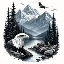 Mountains, eagle, river, bunny  tattoo design idea