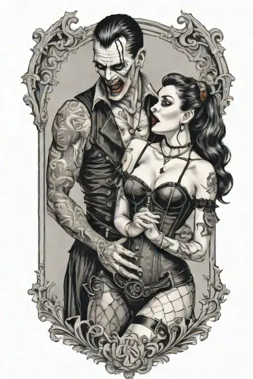 realistic scene of a gothic pinup girl waering corset and fishnets being bitten by a scary male vampire tattoo design idea