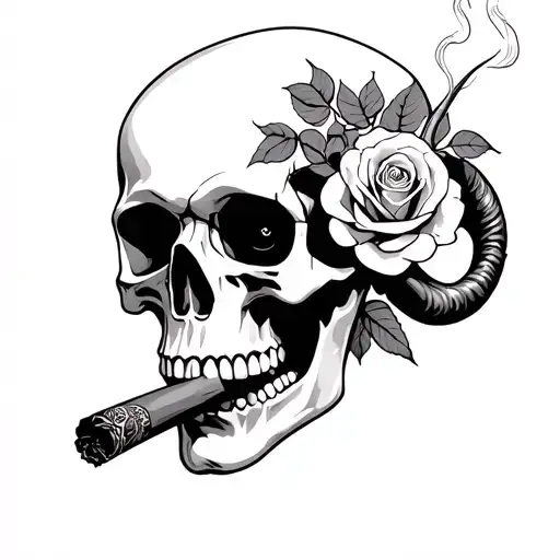 Human skull smoking cigar with roses coming out of eyes playing pokerin the right make a aries horn come out of the hea tattoo design idea