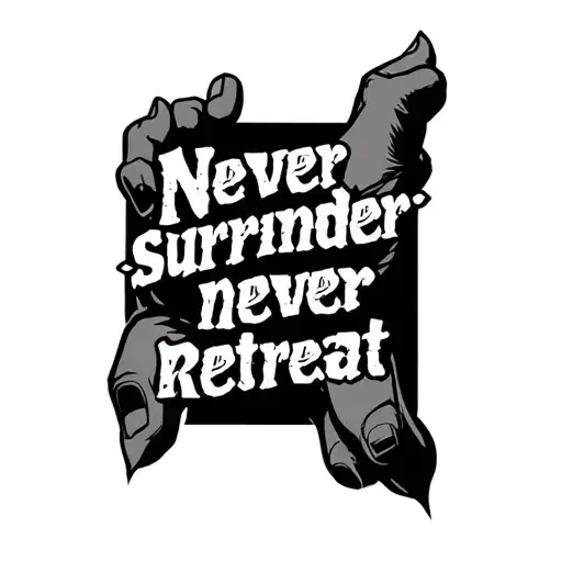 "Never surrender never retreat " "Never surrender never retreat " "Never surrender never retreat " hand tattoo quote tattoo design idea