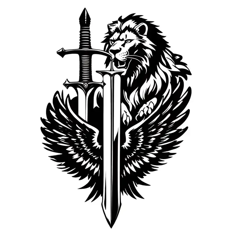 Create an image of a Tribal Tattoo with a US Army Pilot Wings, a claymore sword pointed down, and a lion at the top tattoo design idea