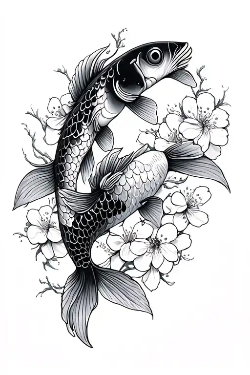 koi fish and cherry blossoms fine line arm tattoo tattoo design idea