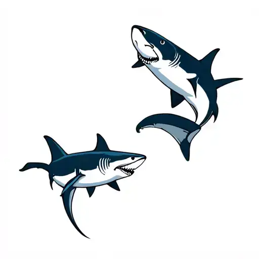 two sharks chasing eachother, grate white and mako shark fine line tattoo design idea