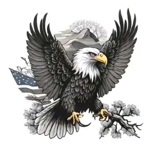 bald eagle with trees and American flag inside tattoo design idea