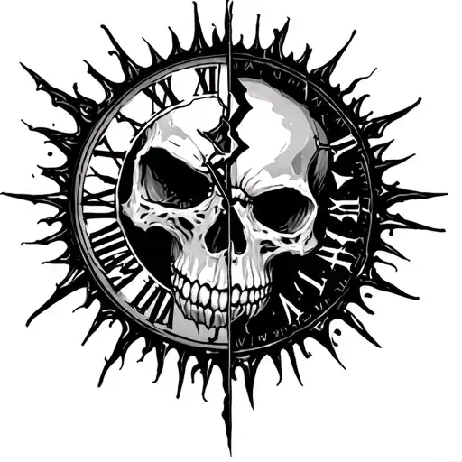 half of a broken and Melted clock in the center of a sun. other half a Harley Davidson Willie g skull  tattoo design idea