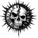 half of a broken and Melted clock in the center of a sun. other half a Harley Davidson Willie g skull  tattoo design idea