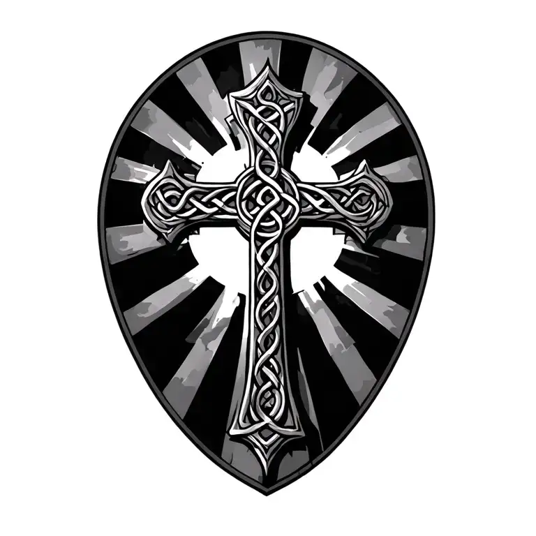 Sun rays behind celtic cross, chicago flag along the side tattoo design idea