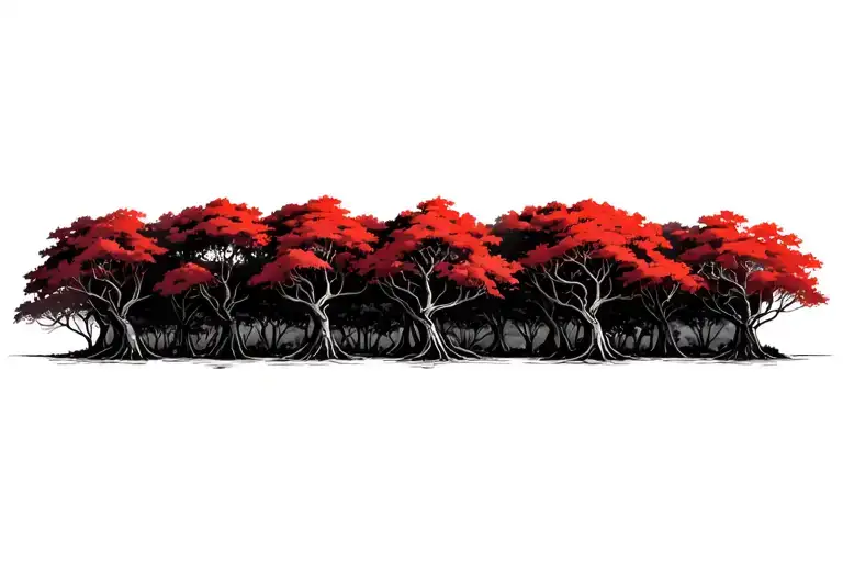 red mangroves in a row, small gap between trees, naturally accurate walking root systems and leaves, no red tattoo design idea