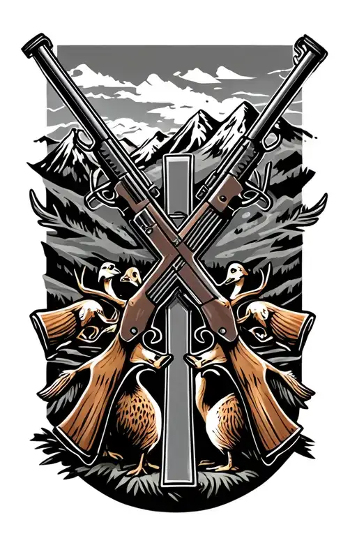 infantry crossed rifles with cross, mountains, ducks and deer tattoo design idea