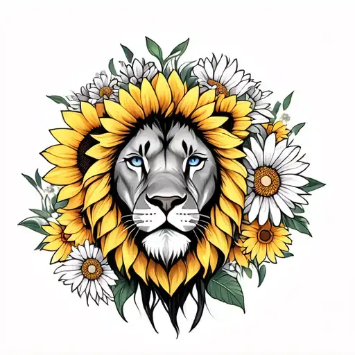 lion with sunflower mandala behind head and daisys in the mane tattoo design idea
