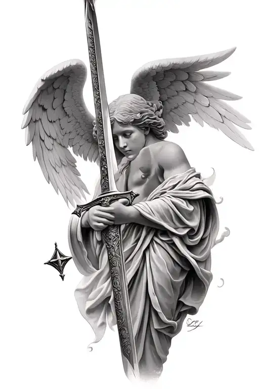 angel face holding sword tattoo design idea