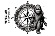 "not all who wander are lost" with compass and big foot creature  tattoo design idea