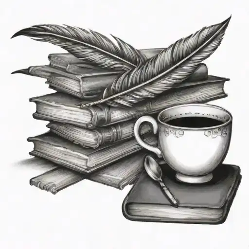 feather pen on a teacup sitting on a stack of books tattoo design idea