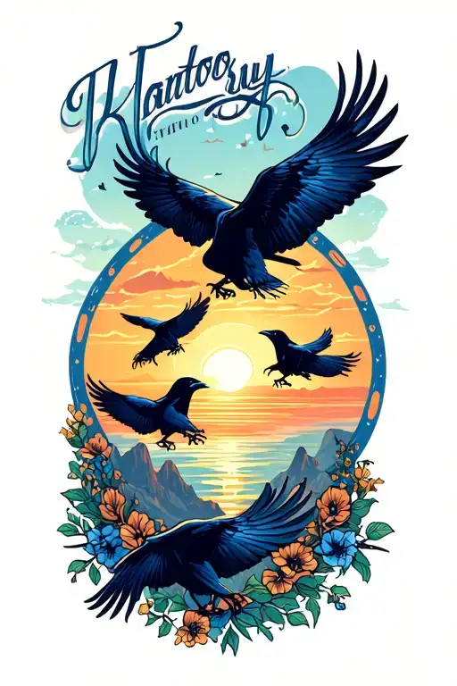 sunset with ravens flying over it says two tattoo design idea
