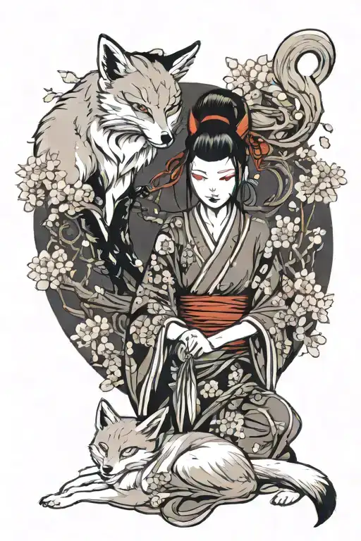 Samurai and yogitsune and zenko kitsune foxes playing around a beautiful lady with a kitsune mask. Cherry blossoms tattoo design idea