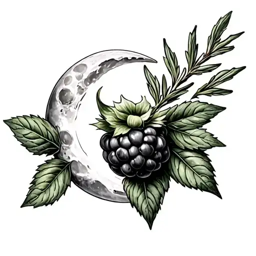 raspberry, sage leaves, basil, rosemary, moon tattoo design idea