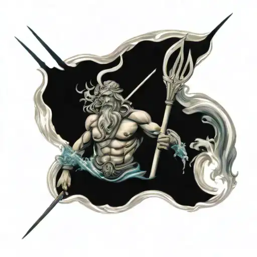 A majestic Poseidon, Greek god of the sea, holding a trident and surrounded by crashing waves tattoo design idea