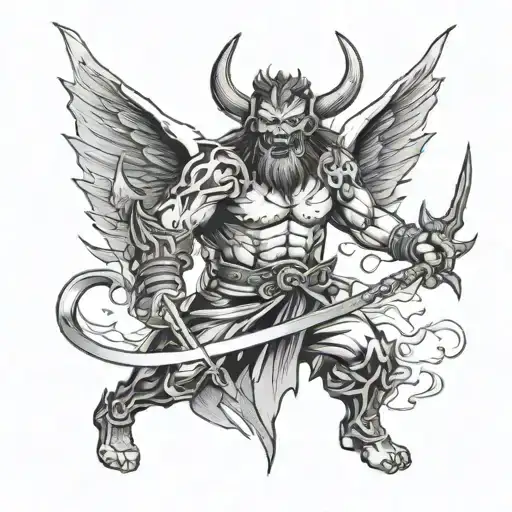 Oni Maks with sword and devil and engel wings spread wide tattoo design idea