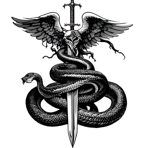 poison tree with a snake wrapped around it with a angel hovering above with a sword tattoo design idea