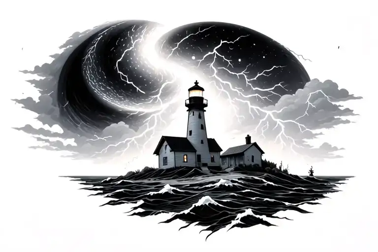 lighthouse, black hole, planet, lightning, storm tattoo design idea