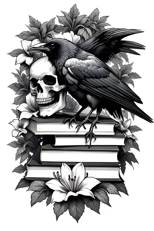 skull, raven perched on books , Lillies and vines , gothic  tattoo design idea