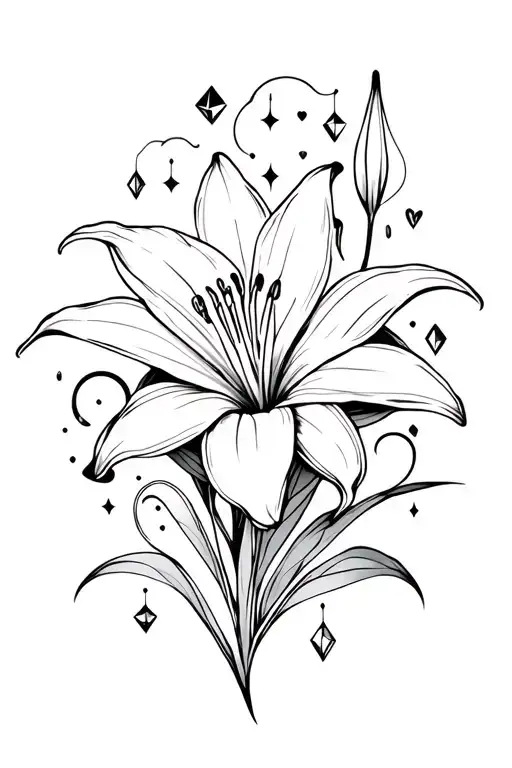 lily flower surrounded by cyber siligism inspired lines and stars and diamonds, fineline, dainty, swirls, hearts tattoo design idea