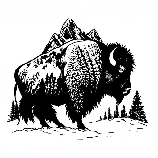 Grand Tetons on the shoulder hump of a bison silhouette tattoo design idea