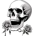 Skull with an open mouth with a rose in its mouth tattoo design idea