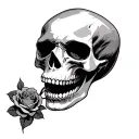 Skull with an open mouth with a rose in its mouth tattoo design idea