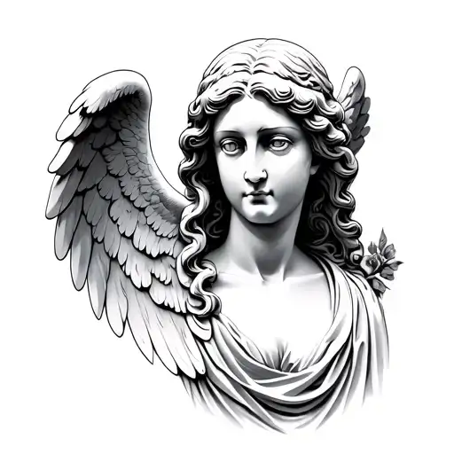 statue angel which has half face youn half face old  tattoo design idea